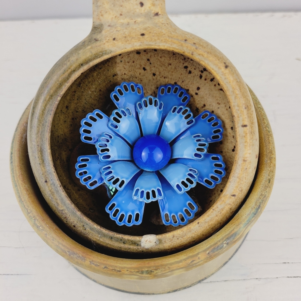 Vintage Enamel Blue Flower Layered Brooch Pin 2.5"